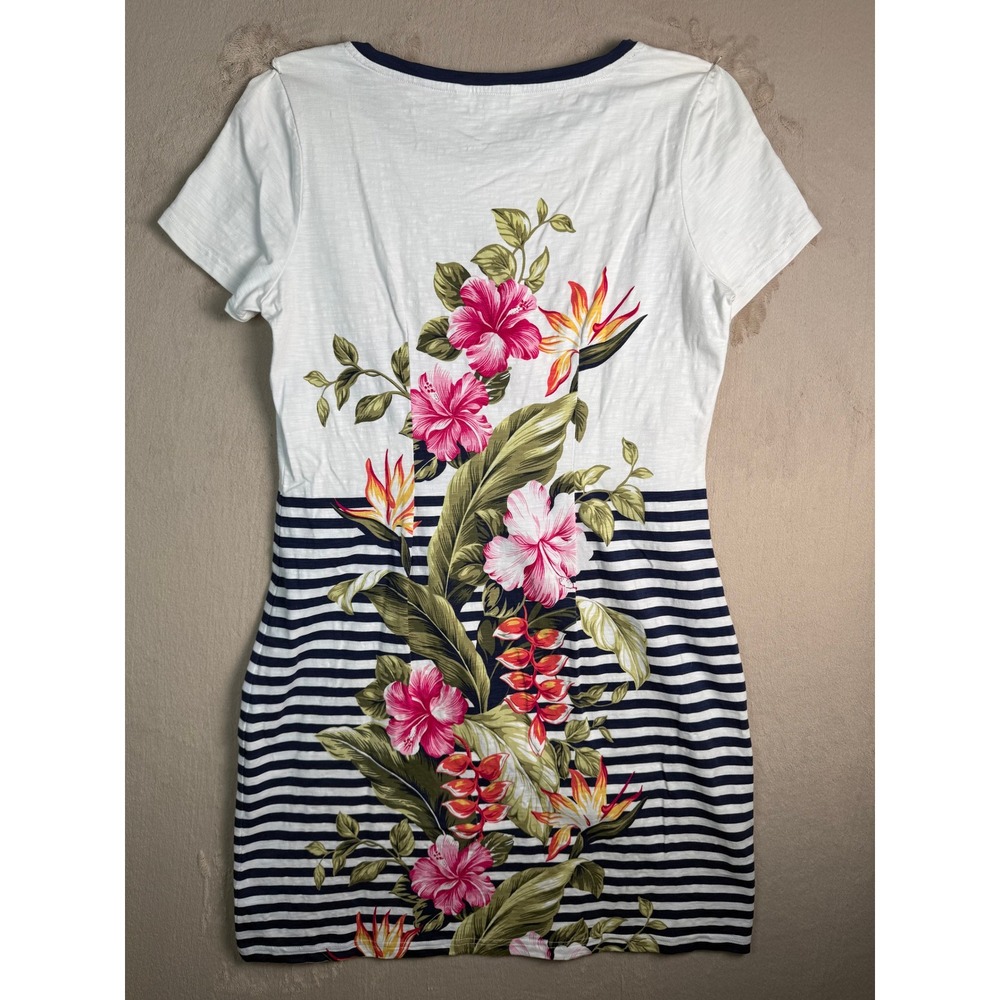 Tommy Bahama Kahuna Cotton Floral Stripe T-Shirt Dress Womens M White Navy - Picture 8 of 8